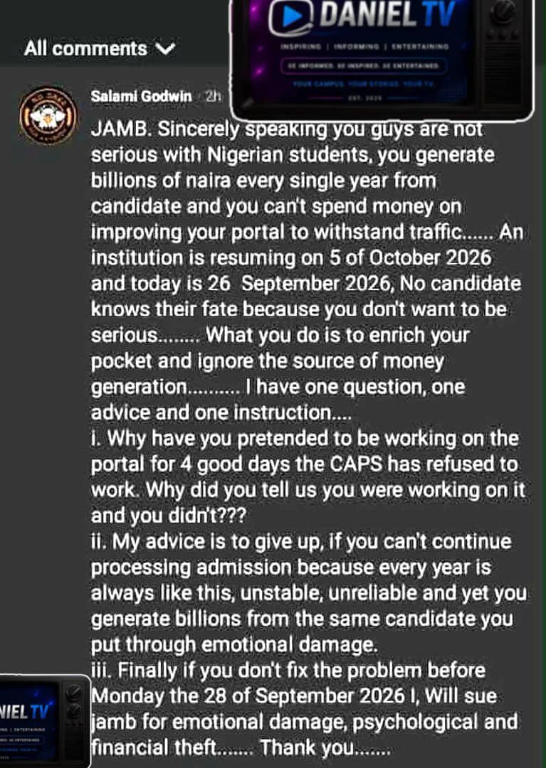 DanielTv1587's tweet photo. *_🔥JUST IN🔥_*

 *An Aspirant threaten to sue JAMB😂🤧* https://t.co/jc4j5SBuo7