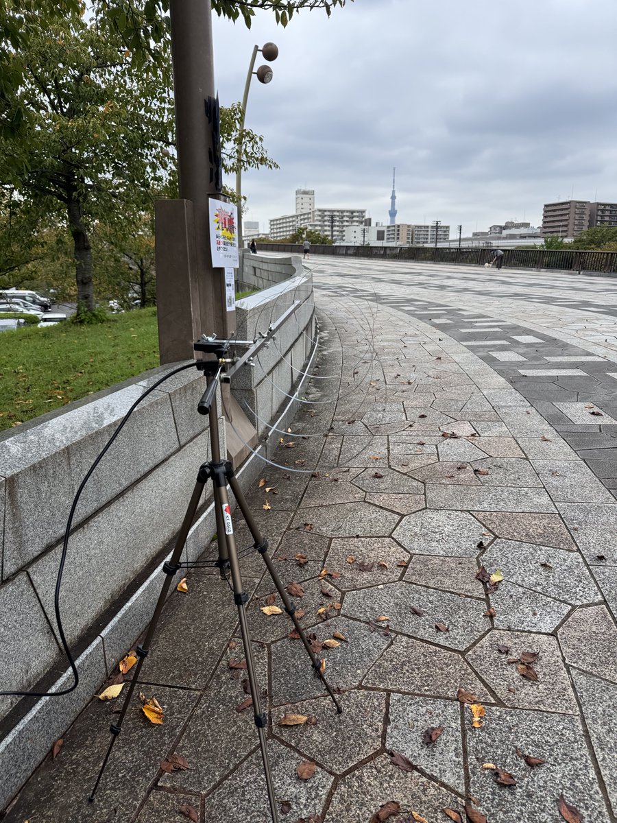 UmeTKY's tweet photo. 本日は大島小松川公園をアクト。
ハムフェアで購入した5エレループアンテナでの初運用。ビームをスカイツリーに向けスポットをあげると、面白いほど呼んでいただけた。大島小松川ファーストですとか、普段厳しい公園なのに今日は強いとか言っていただいて、アンテナも本望でしょうw https://t.co/2aw1HNo08D