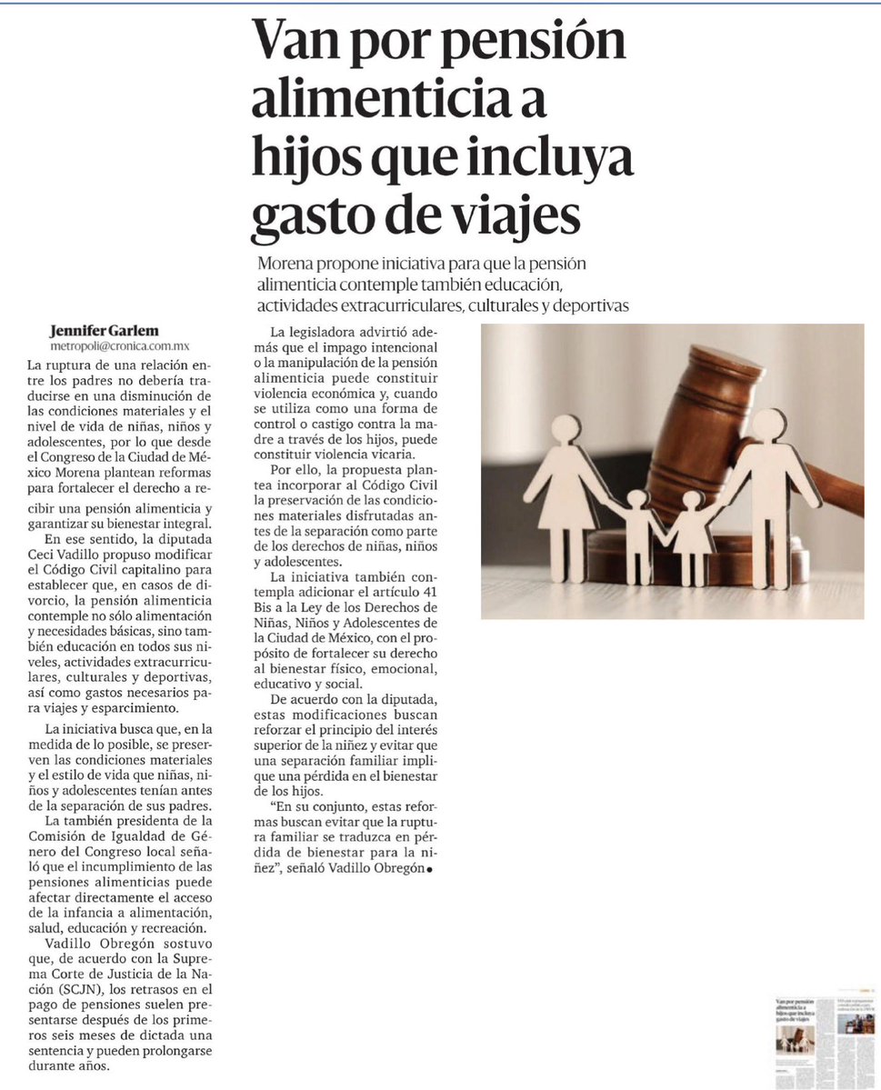 JoseMarioMX's tweet photo. ¿Qué debe perder un niño cuando sus padres se divorcian? Una iniciativa en el Congreso de la CDMX propone cambiar de raíz la forma de responder esa pregunta: que la pensión alimenticia no cubra sólo comida, techo, vestido y escuela, sino que procure conservar, en la medida posible, el nivel de vida que el hijo tenía antes de la separación.

La reforma modificaría el Código Civil para incluir expresamente salud física y mental, tecnología, recreación, educación en todos sus niveles, actividades culturales, deportivas y extracurriculares, e incluso viajes necesarios para su esparcimiento. Pero lo verdaderamente importante no son los viajes: es convertir el estándar de vida previo en un parámetro legal para que el juez determine los alimentos.

Eso puede cambiar un juicio. La pregunta ya no sería únicamente cuánto necesita un niño para sobrevivir, sino qué necesita para continuar desarrollándose y qué pueden aportar realmente sus padres. La pareja puede terminar. La responsabilidad parental no. El divorcio de los adultos no debería convertirse, por sí mismo, en el empobrecimiento de sus hijos.