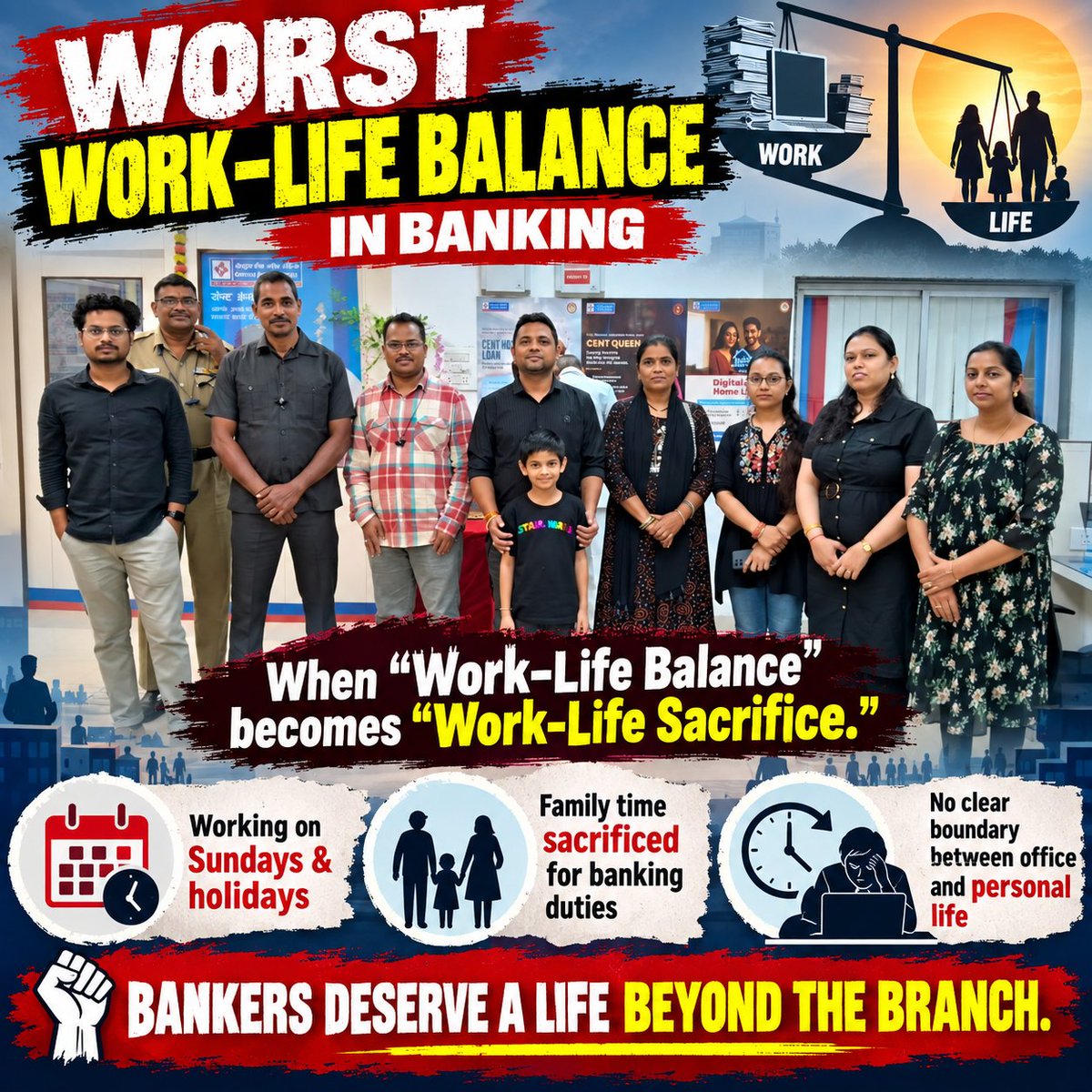 cgcboa's tweet photo. 🏦 Worst Work–Life Balance in Banking!

When banks work on Sundays &amp; holidays, who pays the price? Bankers and their families.

📱 Digital banking is 24×7—but should bankers be too?

Bankers deserve family time, dignity &amp; a life beyond the branch. 
#WorkLifeBalance #5DayBanking https://t.co/z8CNloBX4P