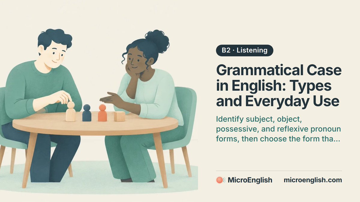 micro_English's tweet photo. Grammatical Case in English: Types and Everyday Use

Identify subject, object, possessive, and reflexive pronoun forms, then choose the form that matches the pronoun's role in everyday sentences.

Try it free: https://t.co/lyYVl1hEt7 · Lesson 1488

#LearnEnglish #ESL https://t.co/VLYppbGTc7
