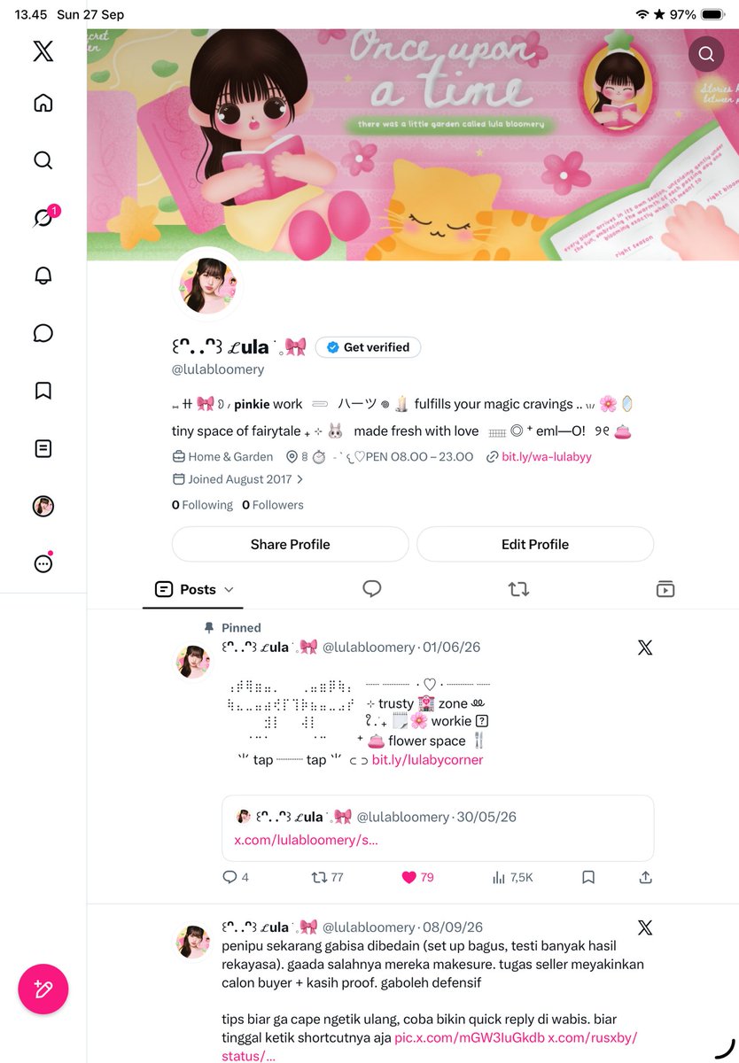 fweesia's tweet photo. help repost! thank you 🥹💗 

hi, ini aku lula (@.lulabloomery) first acc ku dilahap 😞 bantu aku cari moots lama ataupun baru untuk di akun ini guis 😭💗

lalu untuk cust / teman BA yang ada keperluan sama aku, sementara aku pindah ke akun ini (@fweesia) dulu yaa atau bisa langsung ke wa di bio