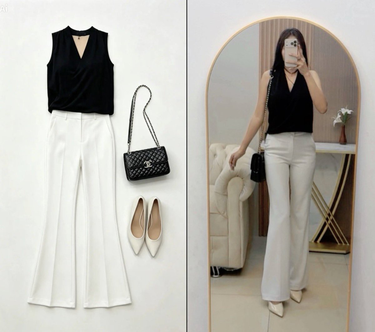 byblackangel's tweet photo. Elegant Minimalist Chic

🖤 Sleeveless V-neck top → clean, feminin, dan sophisticated.
🤍 High-waist white wide-leg trousers → memberikan siluet panjang dan tailored.
🖤 Quilted chain bag → menambah kesan luxury dan polished.
🤍 Pointed-toe heels → membuat look terlihat lebih refined.
🖤🤍 Black & white color blocking → klasik, timeless, dan mudah terlihat mahal.

Vibe keseluruhan: classy, feminine, clean, mature, dan sophisticated‼️#outfit