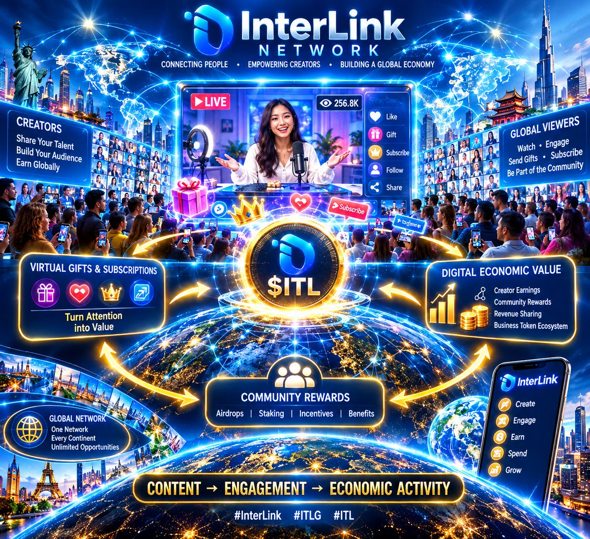 gowrich74's tweet photo. 2. 🌐 Creator → Community → EconomyA futuristic visual showing the complete InterLink Live economic cycle: a content creator livestreaming on a giant holographic stage, thousands of global viewers connected through glowing network lines, virtual gifts and
#InterLink #ITLG #ITL https://t.co/WFLYEEI37G