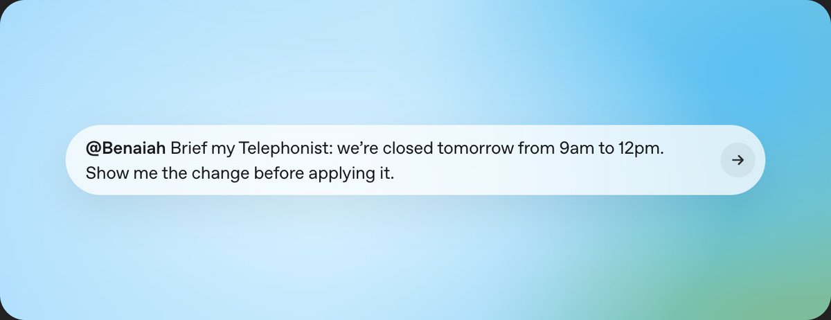 benaiahai's tweet photo. Brief your Telephonist from ChatGPT.

A first look at Benaiah V2

• Tell your Telephonist what’s changed.
• Review and approve the update.
• Check that your brief took effect.
• Catch up on calls and see what needs your attention.

All through a conversation in ChatGPT, connected to your own Telephonist.

You brief it. It gets to work. It reports back.

V2 is on the way.