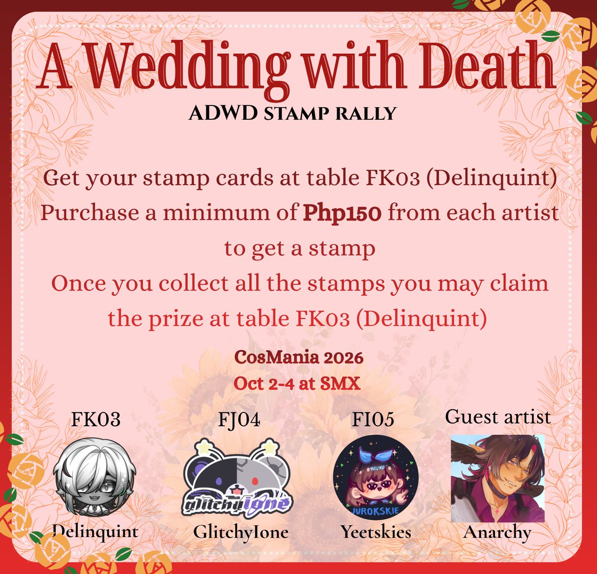 Delinquint_'s tweet photo. Say your I do's and get these beautiful prizes at Cosmania at our A date with death stamp rally! See you there sunshines 🌻🌻

Make sure to visit and buy a minimum of Php150 from our artists to get your stamps

#Cosmania2026 #CosplayMania2026 #FanfairAtCosplayMania2026 https://t.co/XgOCAB1dLe