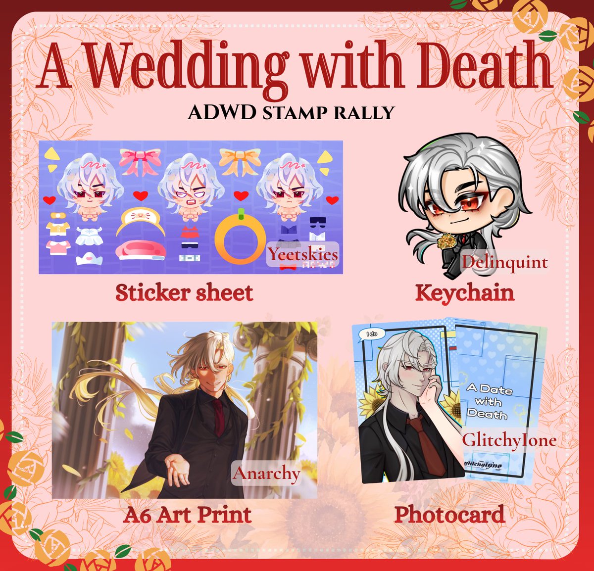 Delinquint_'s tweet photo. Say your I do's and get these beautiful prizes at Cosmania at our A date with death stamp rally! See you there sunshines 🌻🌻

Make sure to visit and buy a minimum of Php150 from our artists to get your stamps

#Cosmania2026 #CosplayMania2026 #FanfairAtCosplayMania2026 https://t.co/XgOCAB1dLe