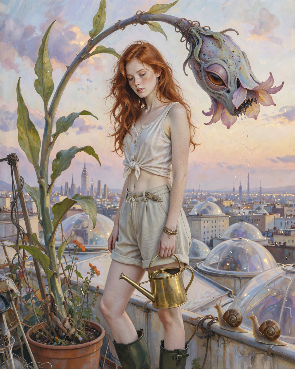 NayaVerseee's tweet photo. Prompt share : Rooftop Garden Odyssey 🌿
I water my plants every evening. One of them is now taller than the city and says thank you.
Prompt in alt https://t.co/KklcdBCXFY
