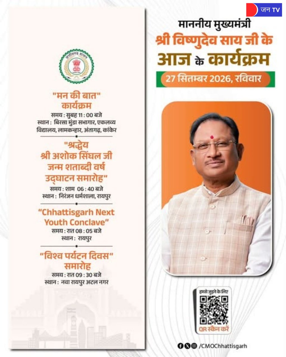 JANTV2012's tweet photo. Chhattisgarh CM Vishnu Deo Sai: मुख्यमंत्री विष्णु देव साय के आज के कार्यक्रम
#Chhattisgarh #VishnuDevSai #CMVishnuDevSai #ChhattisgarhCM #CGNews #Raipur #CMProgram #TodayProgram #ChhattisgarhNews #RaipurNews #ChhattisgarhGovernment #JANTV
@vishnudsai @ChhattisgarhCMO @BJP4CGState @BJP4India @CGPoliceDept @PMOIndia @PIB_India @mygovindia @chandanisinghb2
#jantv_pks
