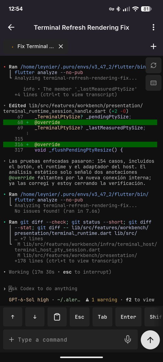 leynier41's tweet photo. One of my favorite parts of @alera_build is the mobile app

I can open a workspace from my phone, watch what the agents are doing, check diffs, and keep typing in the terminal

Same workspaces, same agents, just not stuck at the desk https://t.co/OmnhALsbLR