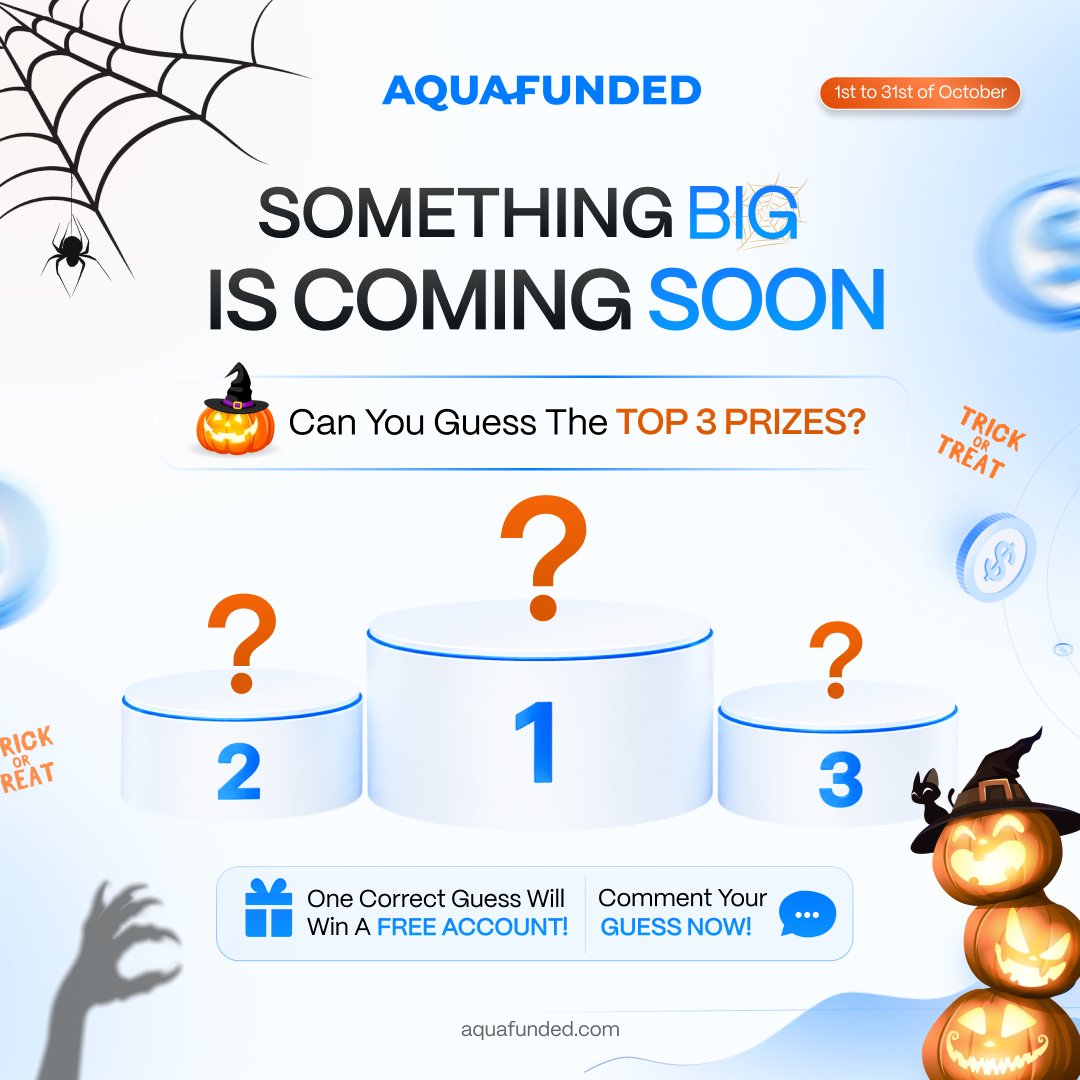 AquaFunded's tweet photo. Something big is coming to AquaFunded competitions this October.

Can you guess our top 3 prizes before we reveal them?

Nail it and you win a free account.

Drop your guess below 👇 https://t.co/lh6O8cMbli