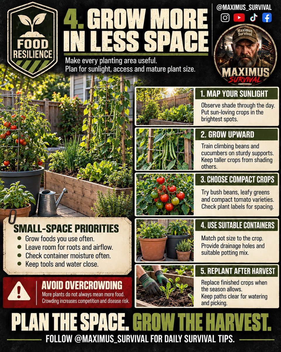 Maximus_Survive's tweet photo. 4️⃣ GROW MORE IN LESS SPACE

A small growing space deserves a good plan.

#FoodResilience #SmallSpaceGardening #Prepper #Preparedness #ContainerGardening #VerticalGardening #UrbanGardening #GrowYourOwn #Survival #MaximusSurvival https://t.co/g9WKTbnAuc