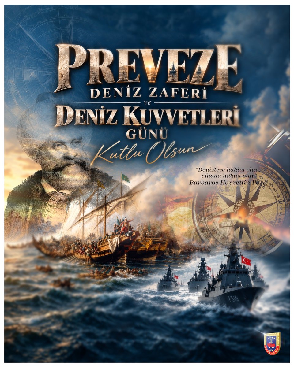jandarma's tweet photo. “Denizlere hâkim olan, cihana hâkim olur!” 🇹🇷⚓️

Preveze Deniz Zaferi ve Deniz Kuvvetleri Günü kutlu olsun! https://t.co/R4liQr2ltW