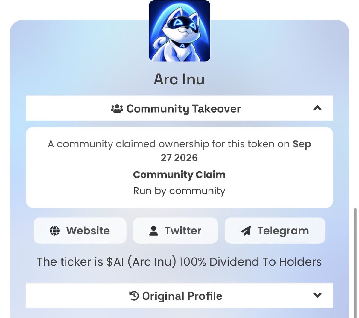 arcinucto's tweet photo. DEX is officially updated.

Arc Inu is now marked as a community takeover, with the holder dividend story front and center.

This is just the beginning. New website, branding, content, community and a lot more updates coming.

$AI is being rebuilt, one step at a time. 🐺💙 https://t.co/SXGtmCl70I