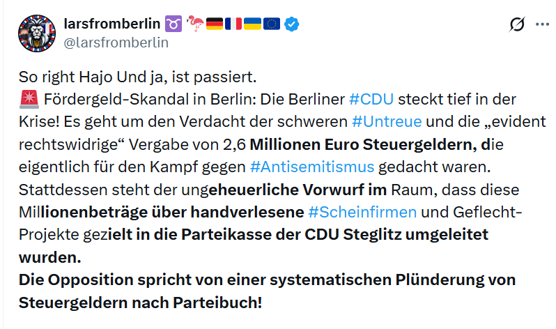 Nicoles44180590's tweet photo. +++++++CDU unter Verdacht der Untreue++++++++

 von UNSEREM Steuergeld, was in BERLIN, für Hilfe gegen Antisemitismus gedacht war?

Diese CDU die gerade mit Merz Prien Dobrindt, eine Hetzkampagne wegen Antisemitismus gegen @ElifEralpBerlin und die @dieLinke in Berlin laufen hat? https://t.co/Ww41DmfjlP