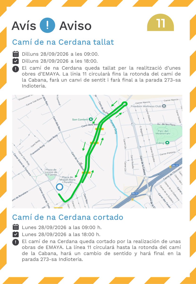 EMT_Palma's tweet photo. #AvisosEMT ℹ️ Dilluns dia 28/09 la línia 11 circularà desviada de 9h a 18h. Consulta els detalls! 👇🏼
-
ℹ️ El lunes 28/09 la línea 11 circulará desviada de 9h a 18h. ¡Consulta los detalles! 👇🏼 https://t.co/0LoG0aPCTr