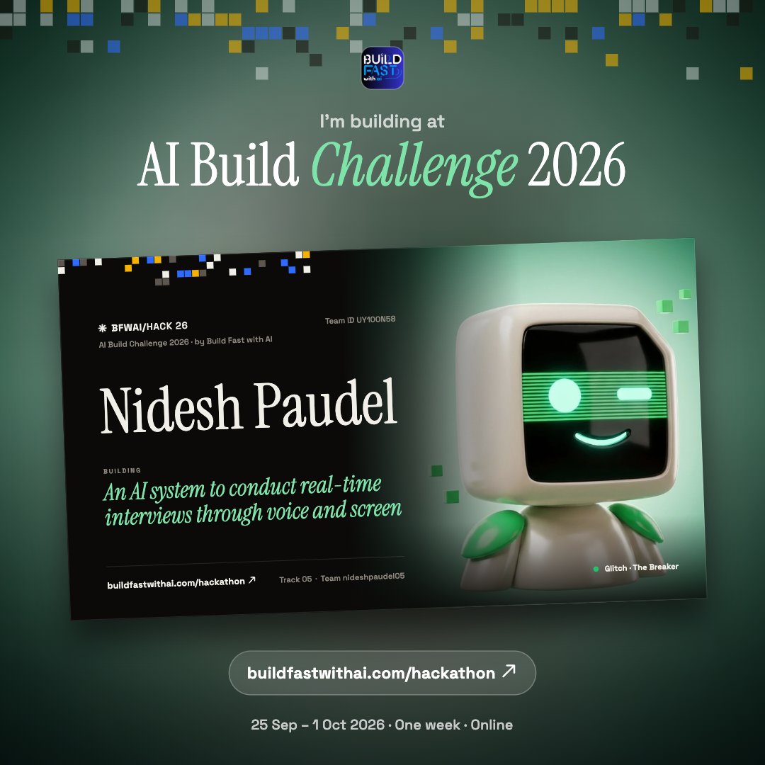 tomatosoup26la's tweet photo. @BuildFastWithAI 
Building AI Interviewer ,  a realtime AI system that conducts technical interviews through voice and screen understanding. 

Built for BFWAI/HACK 26 with my teammate 

#AI #Hackathon #MultimodalAI #VoiceAI #BuildFastWithAI https://t.co/JKBRkYoPp9
