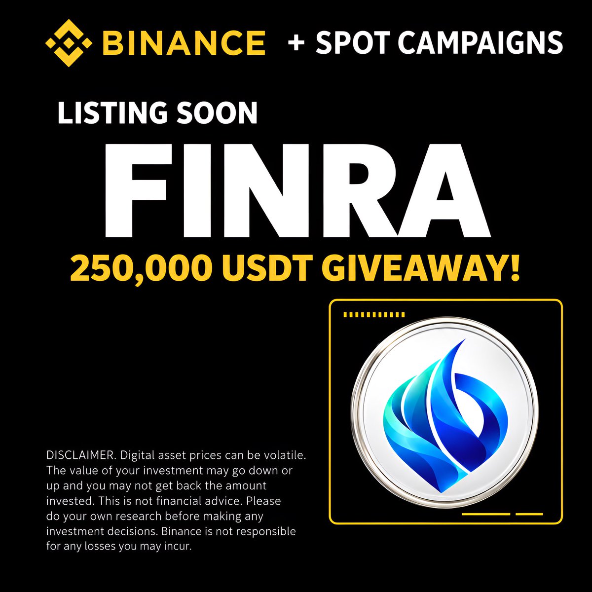 finradotfun's tweet photo. $FINRA x #Binance   250,000 $USDT
giveaway for 2500 winner 🎁 

Join now:
1️⃣ Follow @finradotfun 
2️⃣ RT &amp; Like 
3️⃣ Comments $SOL wallet address

Giveaway ends in 10 hours ⏳ https://t.co/U4fycJBXWe