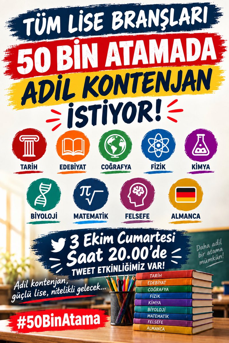 History0853's tweet photo. Lise branş öğretmenleri, 2024 KPSS ve 2025 AGS sonrası açıklanan kontenjanlarda birçok branşta sınırlı sayılar verilmesi nedeniyle yüksek puan aldığı hâlde ataması yapılmamıştır. Bu kısıtlı kontenjan mağduriyetinin yeniden yaşanmaması için X’te bir araya geliyoruz.

#LiseBranşÖğretmenleriTakipleşiyor 

#DevletBeyAGS50Bin

📅 3 Ekim Cumartesi
⏰ 20.00
📍 X (Twitter)