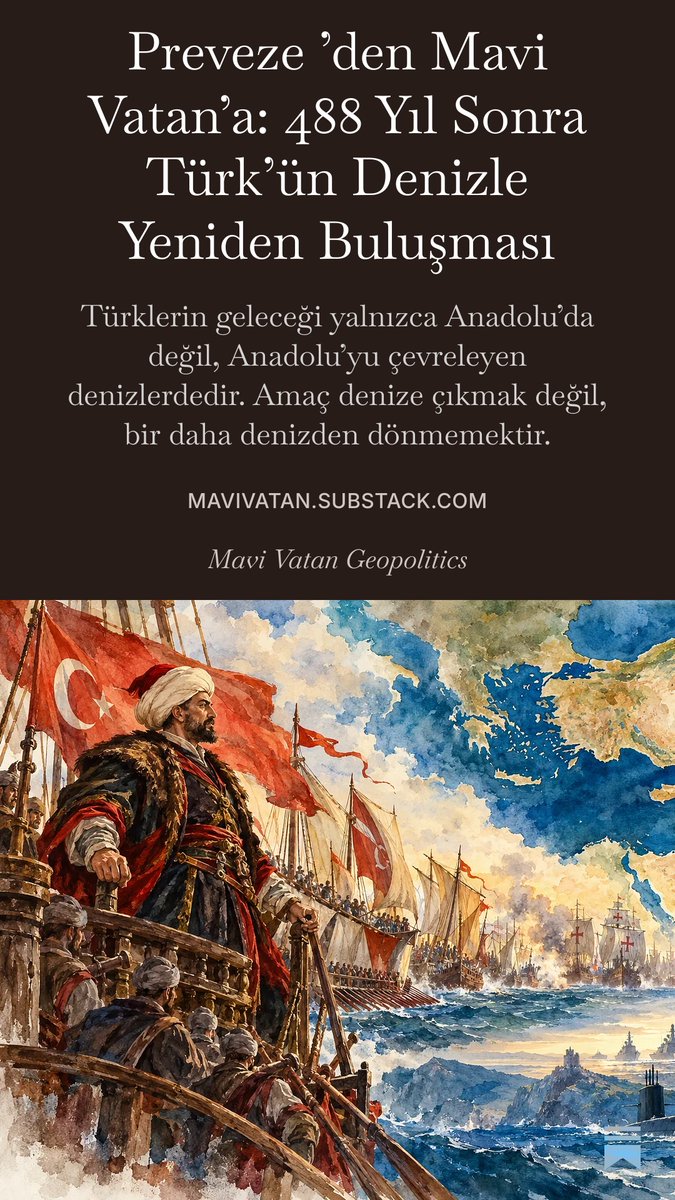 cemgurdeniznet's tweet photo. 488 yıl önce bugün Preveze’de (Barbaros) Hızır Hayreddin Paşa’nın kazandığı zafer Türklerin Akdeniz'in coğrafyasını akıl, bilim, teknoloji ve denizcilik birikimi birleştirdiğinde nasıl büyük bir güç üretebildiğinin tarihsel kanıtıydı.

Preveze’den Mavi Vatan’a uzanan 488 yıllık çizgi bize Türklerin denize yöneldiklerinde güç ve gönence kavuştuklarını; denizden uzaklaştıklarında Anadolu’ya doğru geri çekildiklerini hatırlatıyor.

Bugün Mavi Vatan, yalnızca deniz yetki alanlarının değil, Türkiye’nin denizcileşme ülküsünün, bağımsızlığının ve 21’inci yüzyıldaki jeopolitik geleceğinin adıdır.

Amaç denize çıkmak değil, bir daha denizden dönmemektir.

Preveze Deniz Zaferinin 488.yılı ve Deniz Kuvvetleri Günümüz Kutlu Olsun.

https://t.co/YfNwIRyFm0