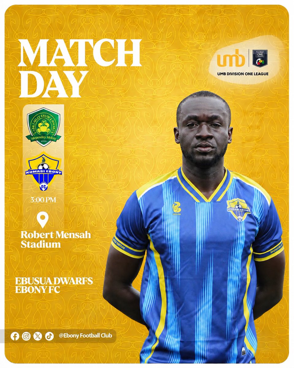 EbonyFootball's tweet photo. 𝗜𝗧’𝗦 𝗠𝗔𝗧𝗖𝗛𝗗𝗔𝗬 𝗜𝗡 𝗖𝗔𝗣𝗘 𝗖𝗢𝗔𝗦𝗧

First away day of the season 

🆚 Ebusua Dwarfs
🏟 Robert Mensah Stadium 
⏰ 3:00pm

🟡🔵 #EFC #HomeOfBeautifulGame #DwarfsEbony https://t.co/IHOE2SiuDN
