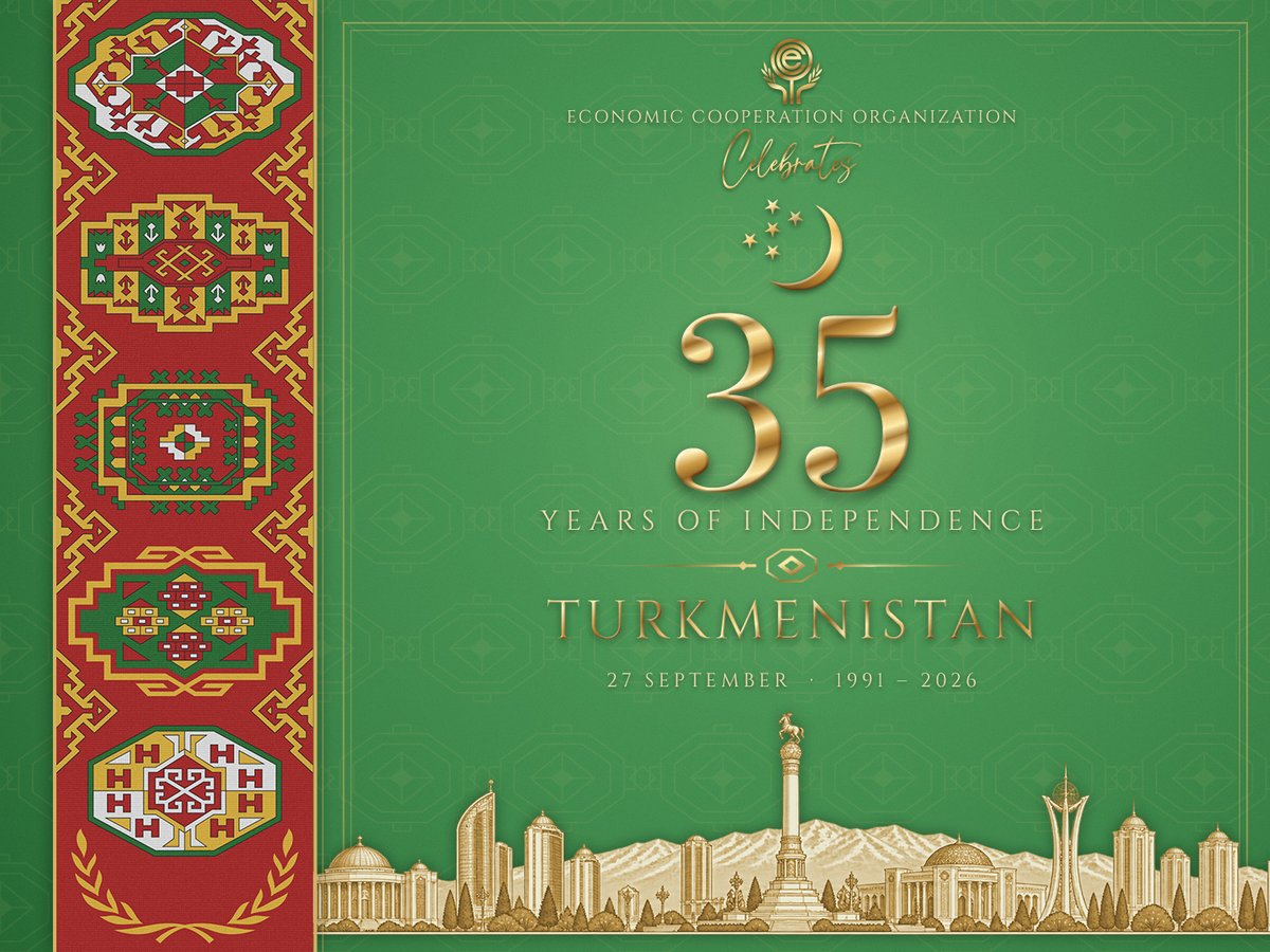eco_secretariat's tweet photo. On the occasion of the 35th Anniversary of the Independence of Turkmenistan, ECO extends its warm congratulations to the Government and people of Turkmenistan, with best wishes for continued peace, prosperity and progress.
#Turkmenistan #IndependenceDay #ECO https://t.co/iAHXG4wBmo