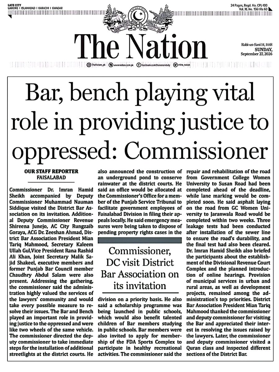 Mm_Zeeshan786's tweet photo. FAISALABAD: Commissioner Dr. Imran Hamid Sheikh accompanied by Deputy Commissioner Muhammad Nauman Siddique visited the District Bar Association and held a detailed discussion with the lawyers’ community on their concerns and proposals. He announced various measures, including the installation of additional streetlights at the district courts, construction of an underground rainwater storage pond and provision of an office for the Punjab Service Tribunal to facilitate local filing of appeals by government employees of Faisalabad Division.

Mian Muhammad Zeeshan
Statiin Head Faisalabad
Daily The Nation
@PakBarCouncil1
@DCFaisalabad
@commissionerfsd

#90Dias
#نکلو_ڈٹ_جاؤ_خان_کیطرح
#٢٠٣٠_بلا_نقاب
#آخری_فیصلہ_آزادی_یاشہادت
#NA168SherKa