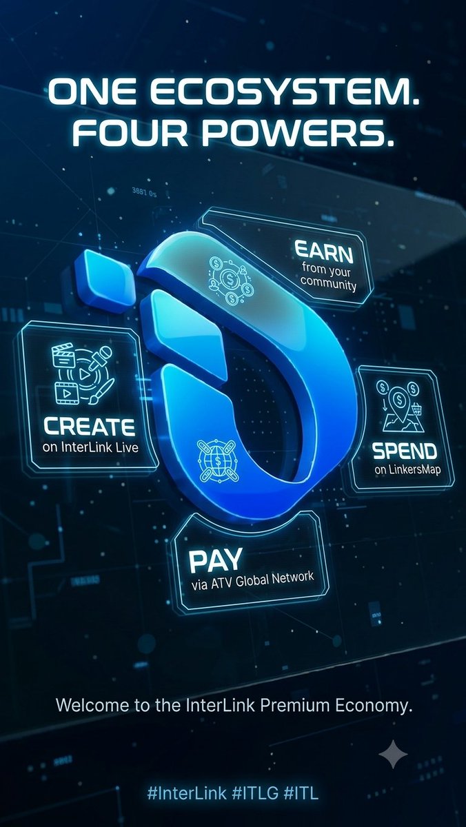 bsrao668's tweet photo. ONE ECOSYSTEM. FOUR POWERS.
CREATE on InterLink Live
EARN from your community
PAY via ATV Global Network
SPEND on LinkersMap
Welcome to the InterLink Premium Economy.
#InterLink #ITLG #ITL https://t.co/eomFw08eqD