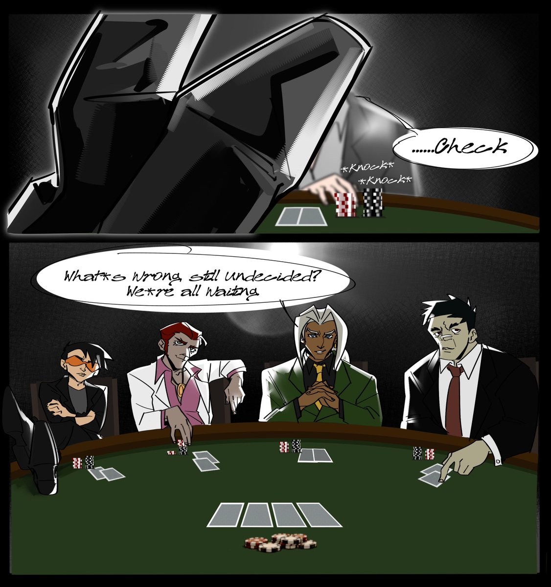 shichunyeah's tweet photo. "Just for fun, honestly. Been kinda in the mood to play some Texas Hold'em lately..."
#jackiechanadventures 
#comicart #storyboard #doodle #art https://t.co/X6mo2eUhGR