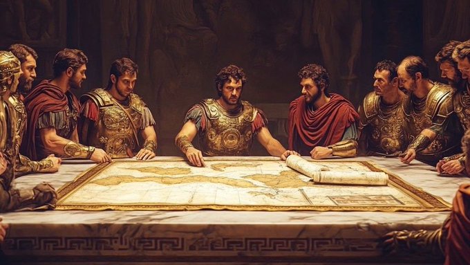 Roman generals and commanders gather around a large battle map and scroll on a marble table, intently planning their campaign—a scene that echoes Alexander the Great's focus on conquest and empire-building rather than companionship.