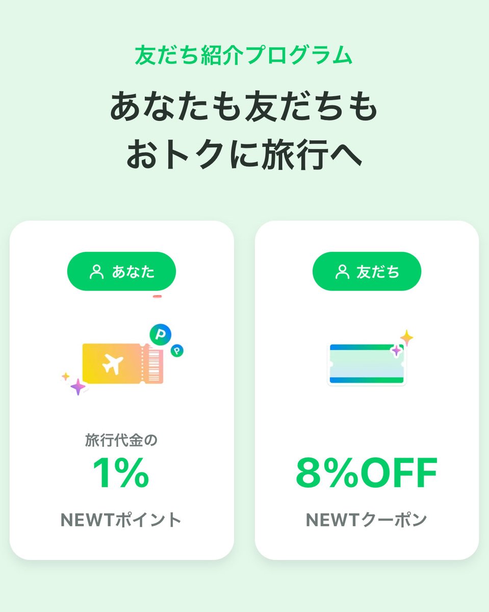 sa92797978's tweet photo. 【NEWT ニュート 友達紹介】

海外旅行の航空券、ホテル代が8％オフになります！さらに、予約時に獲得したポイントは次回の予約で利用可能！✨

アプリをダウンロード・会員登録のうえ、クーポン画面に紹介コード【FRWTN6PN】を入力してください！✈️

https://t.co/kGQ5Vd4lo4

#NEWT #ニュート https://t.co/2MXsxMn1Us