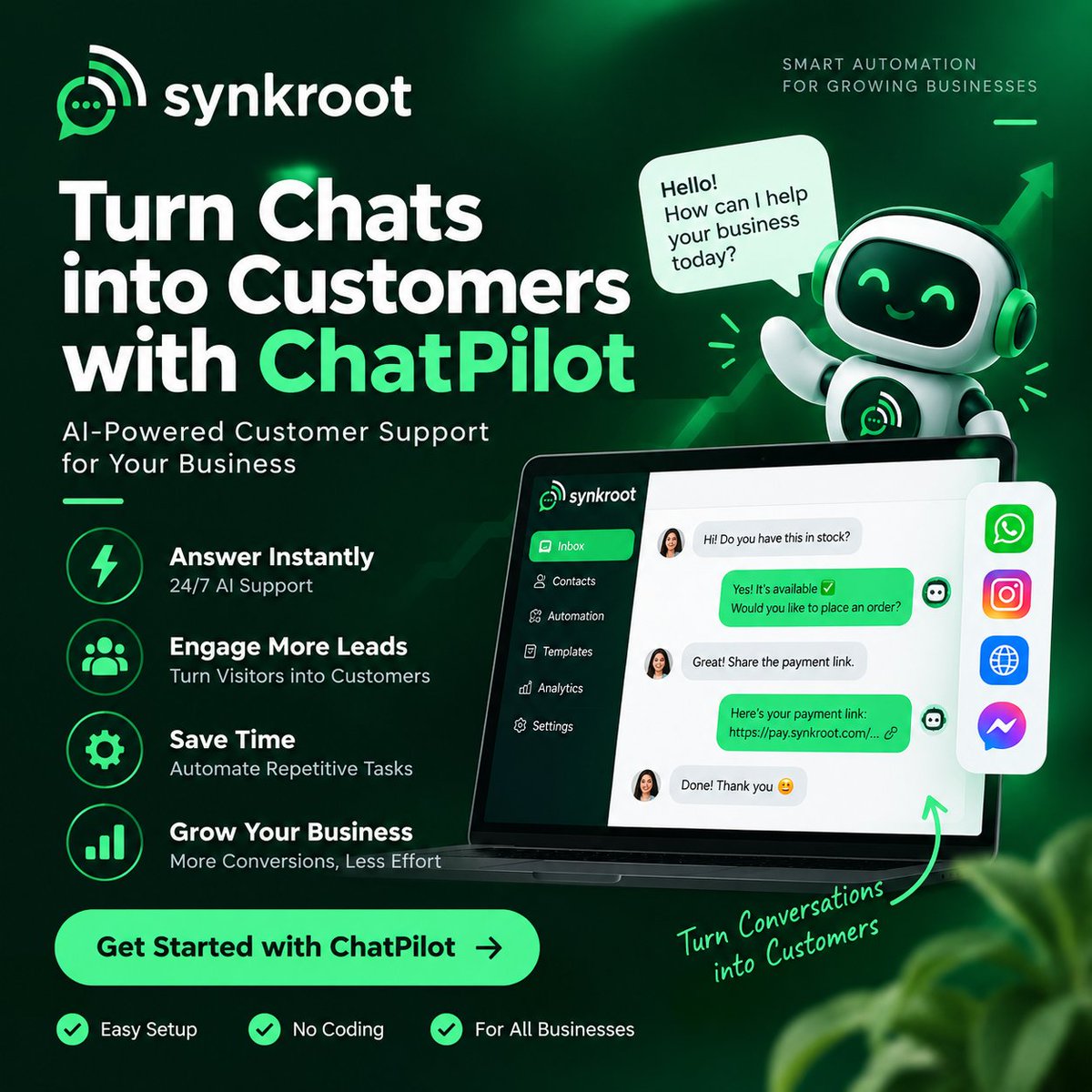synkroothq's tweet photo. Turn every conversation into an opportunity. 💬🚀

With ChatPilot by Synkroot, automate customer conversations, respond instantly, engage more leads, and help your team focus on what matters—growing your business.

#ChatPilot #Synkroot #AI #AIAutomation #CustomerSupport https://t.co/lfdGtXGXMF