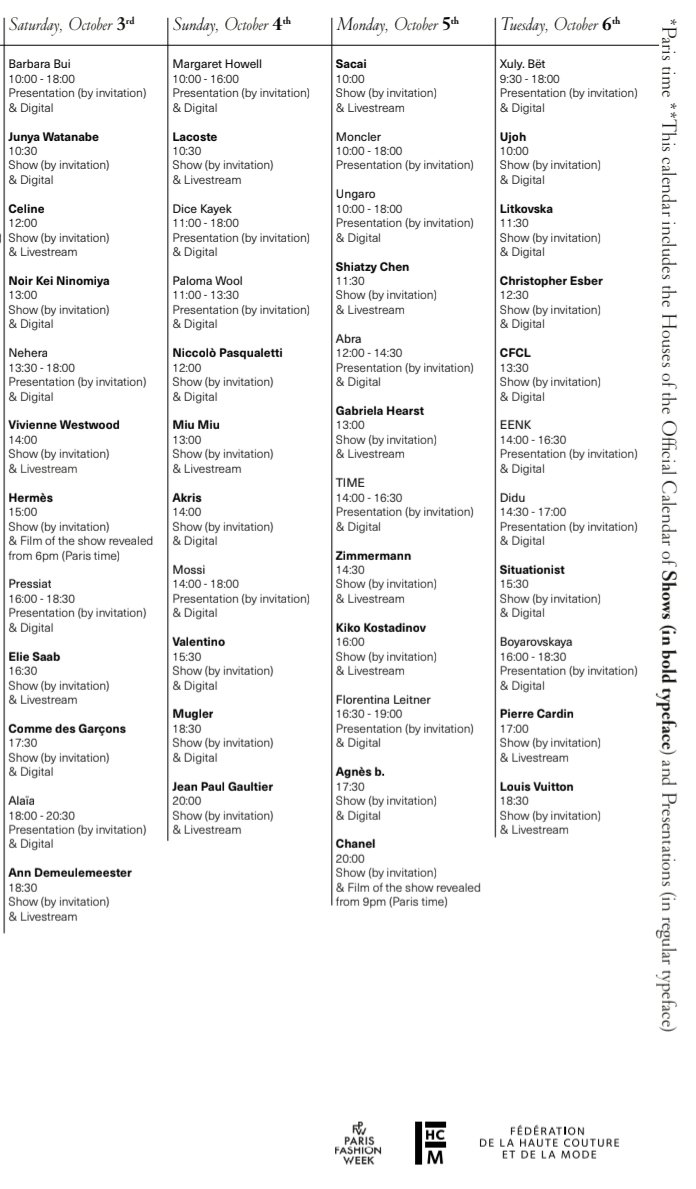 itgirlbackup's tweet photo. Paris Fashion Week starts tomorrow! Here is the final schedule! https://t.co/DZS4HXtDZT
