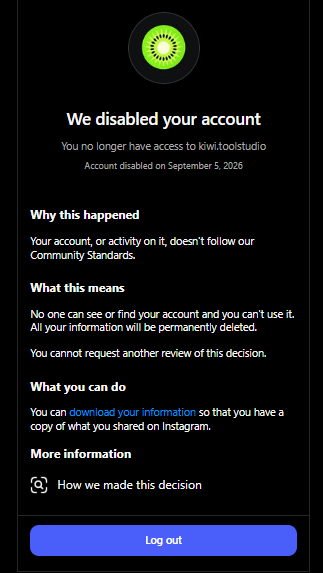 PbinderSup2098's tweet photo. @Meta @instagram My new account @kiwi.toolstudio was permanently disabled after just one post. I believe this was a mistake. Instagram says I can’t request another review. Could someone please help review this? https://t.co/MBXaFK1JzS