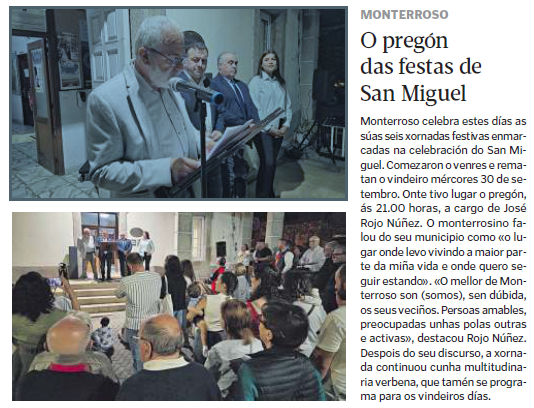 ConcelloM's tweet photo. 🏫 Festas de San Miguel 2026 en Monterroso.

🎤 O pregón inaugural de José Rojo, que reivindicou Monterroso como o seu "lugar no mundo", ocupa hoxe un espazo na prensa. O pregoeiro destacou a historia, as tradicións e a veciñanza da localidade.

🗞️ El Progreso, La Voz de Galicia. https://t.co/wR1He4pIKh