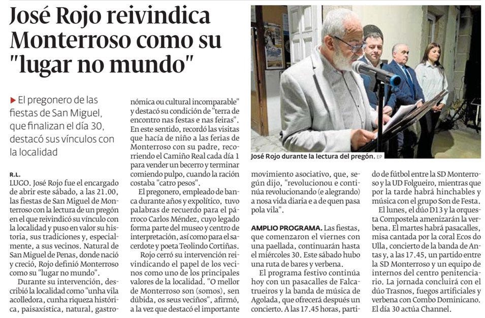 ConcelloM's tweet photo. 🏫 Festas de San Miguel 2026 en Monterroso.

🎤 O pregón inaugural de José Rojo, que reivindicou Monterroso como o seu "lugar no mundo", ocupa hoxe un espazo na prensa. O pregoeiro destacou a historia, as tradicións e a veciñanza da localidade.

🗞️ El Progreso, La Voz de Galicia. https://t.co/wR1He4pIKh