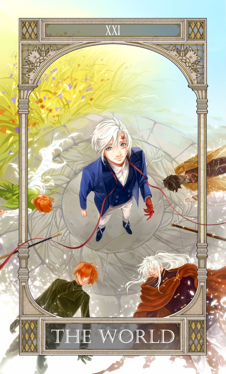 YU7104's tweet photo. I drew the World tarot card featuring current Allen Walker for #DGMTarotZine &amp; collaborated w/ tarot analyst SeijitheClown on tumblr! 

Please see the free zine in the tags for more stellar tarot designs and in-depth analyses of tarot and DGM themes! Thank you @dgm_fanprojects !! https://t.co/8KW3HfpTem