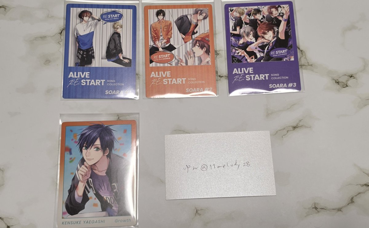 11melody28's tweet photo. 【交換】ツキプロ ALIVE  RE:START SONG COLLECTION リスタート トレーディングカード トレカ

【譲】剣介、SOARAセット A

【求】空、Growthセット B

※空は友人分です

郵送希望

セットはバラ不可。
まとめて交換だと助かります。
検索からもお気軽にお声かけください。 https://t.co/BV28fUCBrt