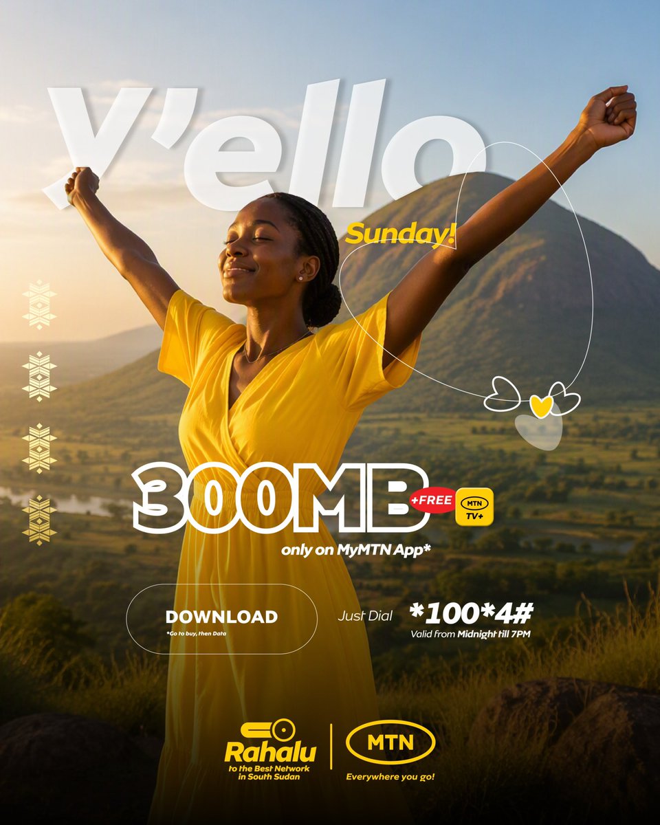 MTNSSD's tweet photo. Y’ello Sunday is here!
Start your Sunday with FREE 300MB.
Dial *100*4# to claim it, and catch live news, movies & more on MTN TV+.
#Switch2MTN #BestNetwork https://t.co/IQlgZj4pjp