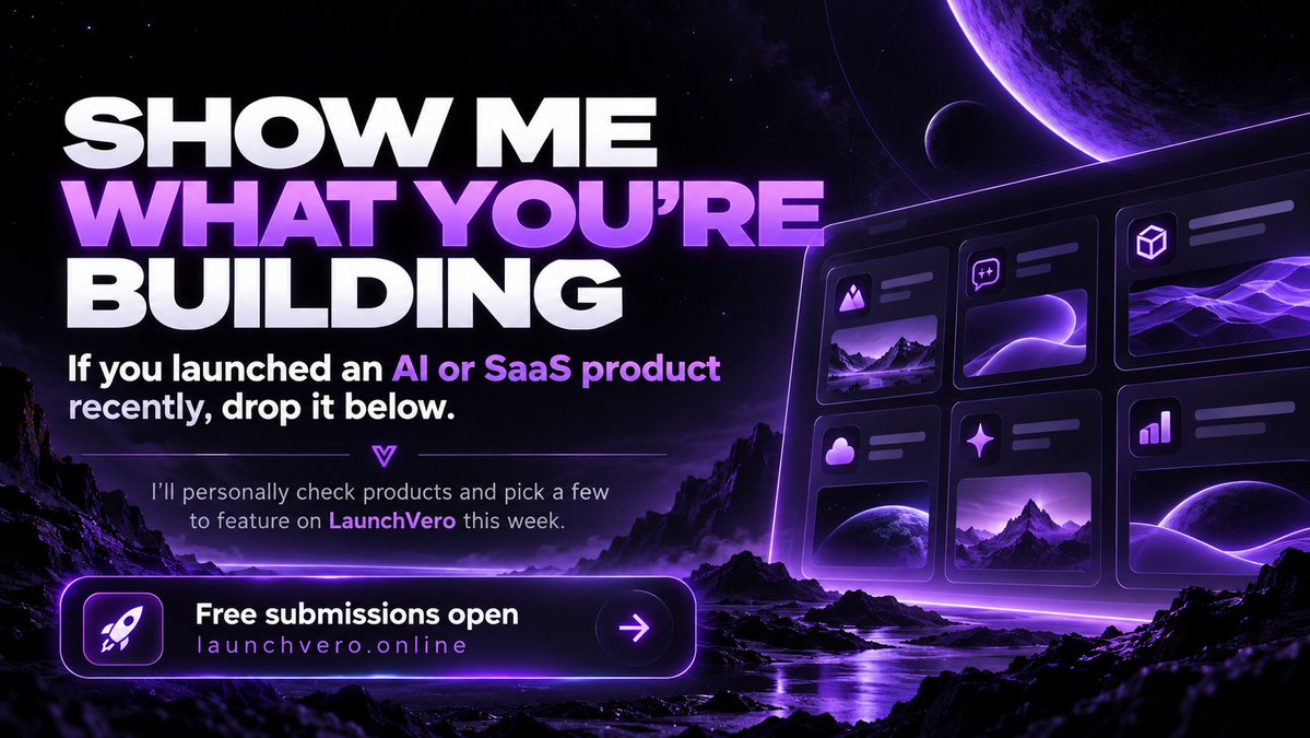ManojNainhycd's tweet photo. Show me what you’re building.
If you launched an AI/SaaS product recently, drop it below 👇
I’ll personally check every product and pick a few to feature on LaunchVero this week.
Free submissions are open 🚀
https://t.co/mQoaLkzdDa https://t.co/Nd2ED0fmtn