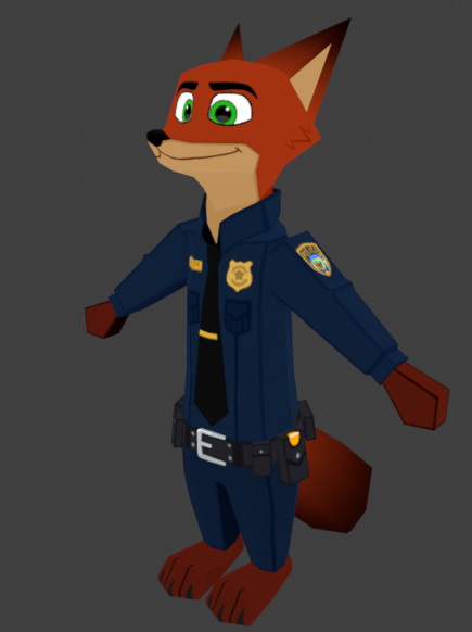 RayTheEngi's tweet photo. Officer Nick Wilde modelling complete!
Look at that spiffy fox!
Now to rig and get moving!
#Zootopia #Gamedev https://t.co/aV6om60vOG