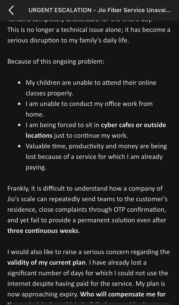 ROHITKANSAL's tweet photo. @JioCare @_MukeshAmbani JioFiber has been down for 3 weeks. Despite daily complaints, it only works briefly before disconnecting again. I’ve escalated this to senior management but received no response. My plan is expiring soon—why should I recharge when the service remains off? https://t.co/X6FTWsSnqH