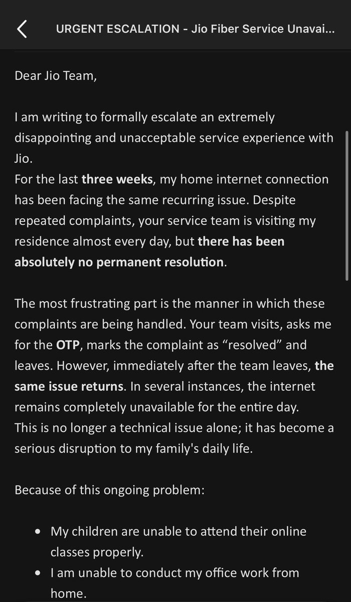 ROHITKANSAL's tweet photo. @JioCare @_MukeshAmbani JioFiber has been down for 3 weeks. Despite daily complaints, it only works briefly before disconnecting again. I’ve escalated this to senior management but received no response. My plan is expiring soon—why should I recharge when the service remains off? https://t.co/X6FTWsSnqH