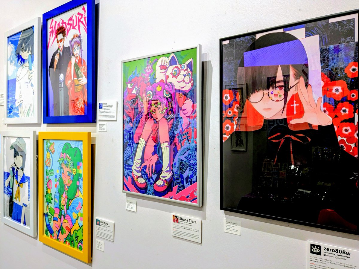 miyak63's tweet photo. 東京原宿のギャラリー @__marienkafer__ さんで、グループ展「Beyond the Sea Hello!」を拝見しました。
海外のクリエイターさんに焦点をあてた展示で、個性豊かでありつつ日本のイラスト界隈の影響も感じる。
zero808wさん @zero808w が特に気になった。イケてるカフェやライブ会場によく合いそう…。 https://t.co/KLK1asZre0