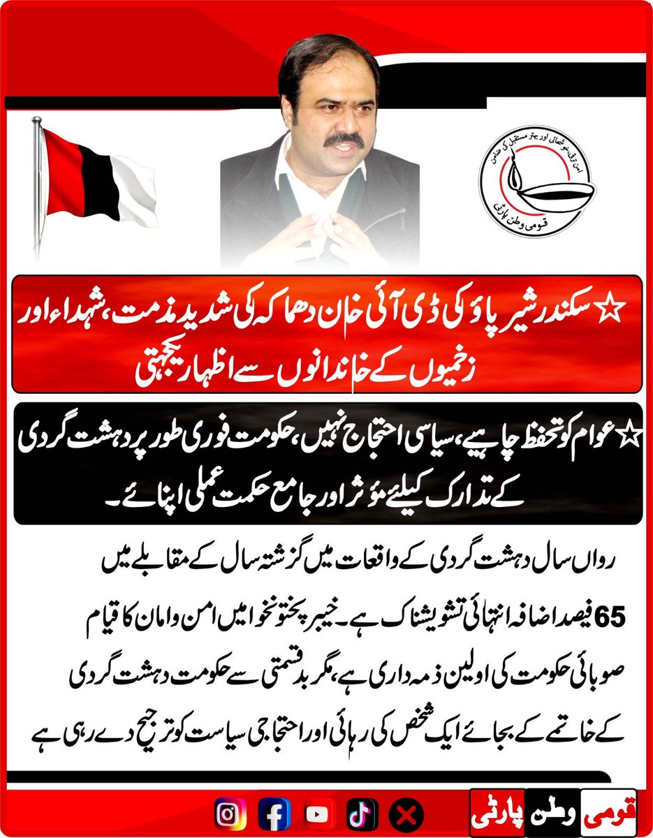 rizwankhanqwp's tweet photo. سکندر شیرپاؤ ڈی آئی خان دھماکہ کی شدید مذمت اور شہداء اور زخمیوں کے خاندانوں سے اظہاریکجہتی۔
عوام کو تحفظ چاہیے، سیاسی احتجاج نہیں،حکومت فوری طور پر دہشت گردی کے تدارک کیلئے مؤثر اور جامع حکمت عملی اپنائے۔
#KhyberPakhtunkhwa #KPPolice #DIKhan https://t.co/0Y5ufsRx97