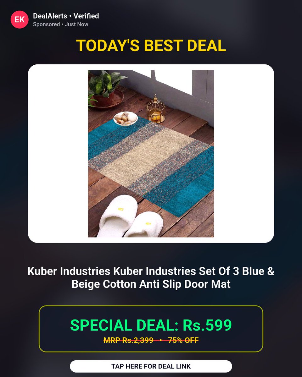 BanotaRajesh's tweet photo. Price dropped hard on this one. Kuber Industries Set Of 3 Blue &amp; Beige Cotton Anti Slip Door Mat at ₹599

Rs.599 (was Rs.2399)

Buy Now: https://t.co/PCYjTZRGyc https://t.co/j66Gm58iAD