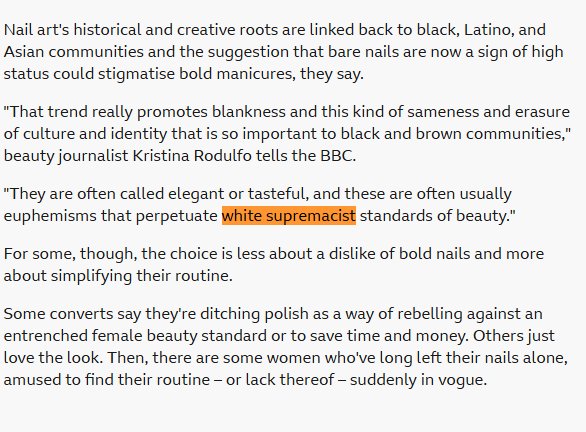 melon8ce3's tweet photo. Just when you think the BBC couldn't get any worse, fingernails have now entered the racism chat.💅 

White woman wears nail polish? Cultural appropriation.

White woman doesn't wear nail polish? White supremacist standards of beauty.

Reason 1,688,367 for the BBC to be defunded. https://t.co/cBQ9XL2d5I