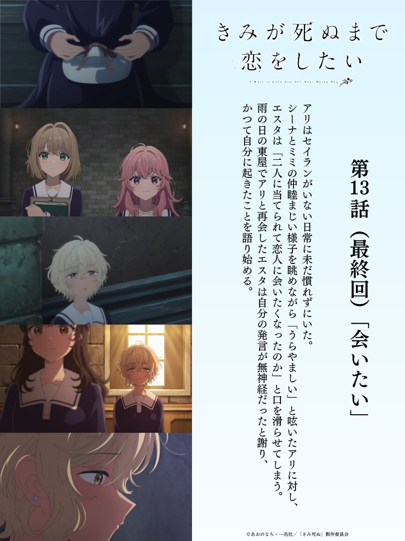anime_kimishinu's tweet photo. TVアニメ「きみが死ぬまで恋をしたい」
　　  　　 第13話（最終回）
　　　　　  「会いたい」

  💐┈┈明日放送・配信開始┈┈💐

アリはセイランがいない日常に
未だ慣れずにいた──

#きみ死ぬアニメ https://t.co/lygO8WQhQw