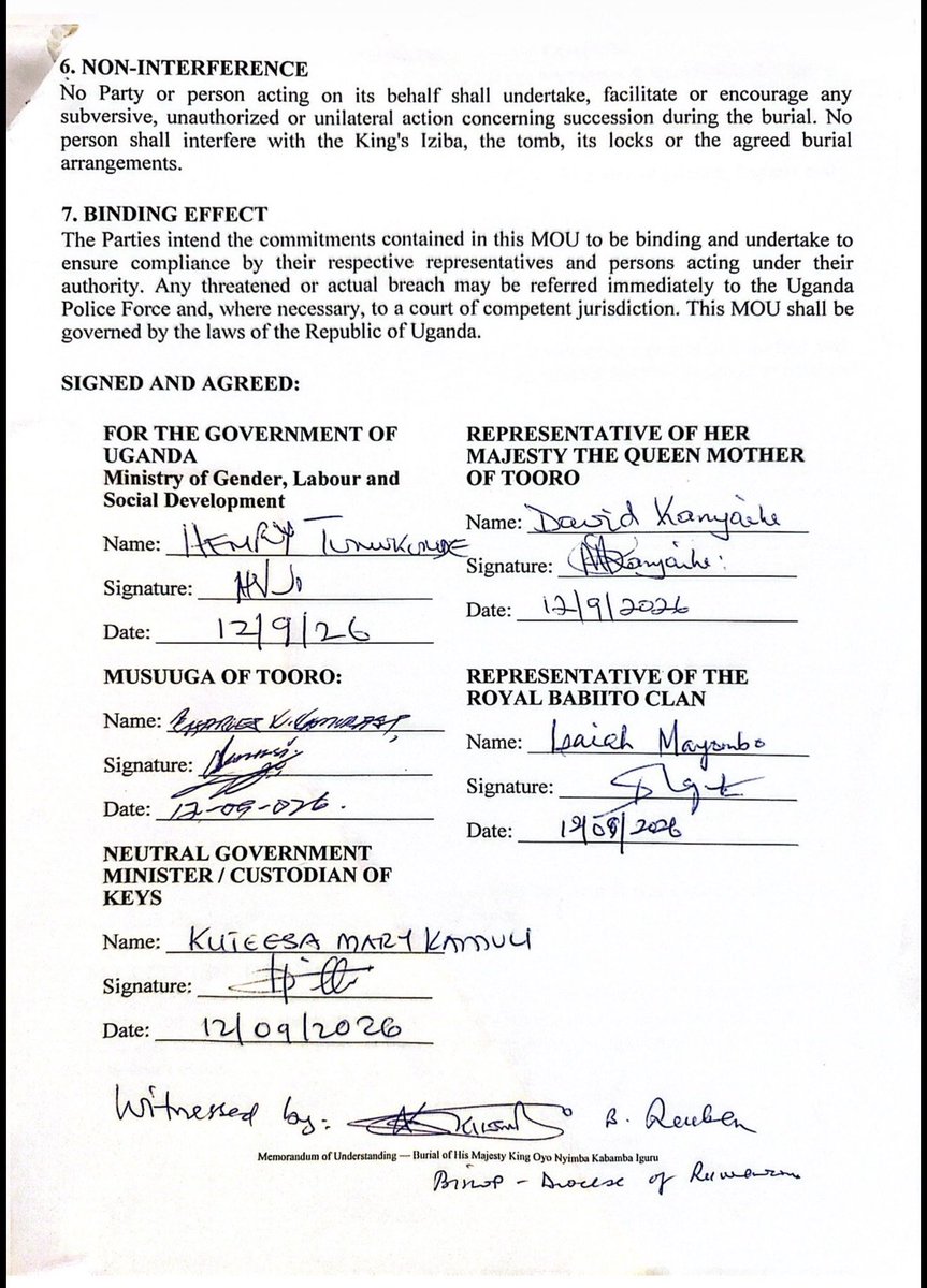 Ugaman01's tweet photo. It is important for all of us to remember this Memorandum of Understanding (MOU) on the Burial of His Majesty King Oyo Nyimba Kabamba Iguru IV. 

The terms and conditions spelt out in this MOU were all sidelined and never followed. Why would Government draft an MOU it can not enforce? Was government okay with the fact that the terms and conditions were broken? 

Did Government come out to address this issue or it was left to who it may concern like the King's Will was!