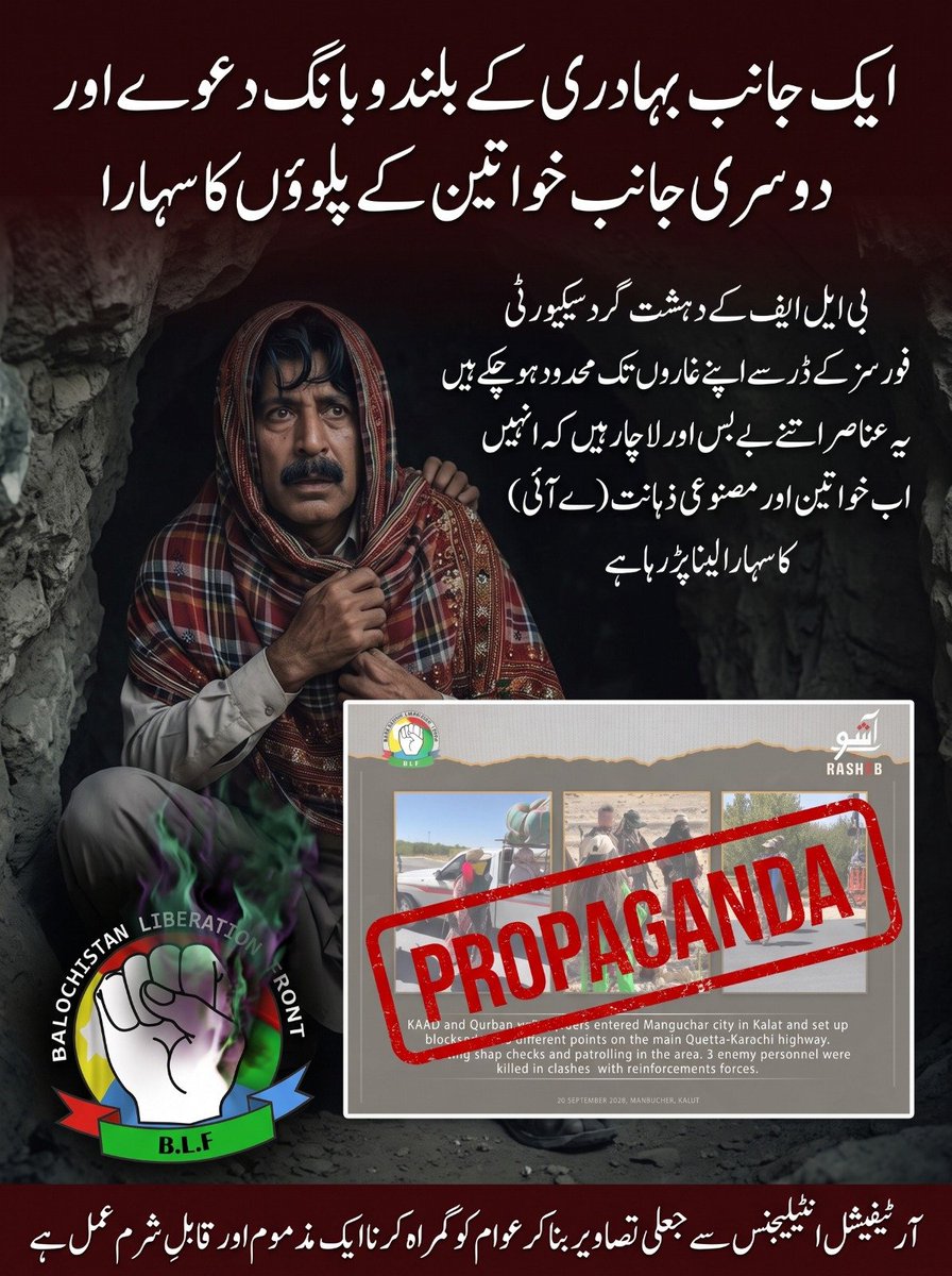 zainab_bal18666's tweet photo. سیکیورٹی فورسز کے خوف سے غاروں میں چھپنے والے بی ایل ایف کے نام نہاد ’بہادر‘ اب اس قدر پست ہو چکے ہیں کہ وہ اپنی شکست چھپانے کے لیے خواتین اور جعلی مصنوعی ذہانت (اے آئی) کی تصاویر کا سہارا لینے پر مجبور ہیں
#BLF
#Balochistan
#FakePropaganda
#AIMisinformation
#FakeAIImages https://t.co/MEFgvueTkV